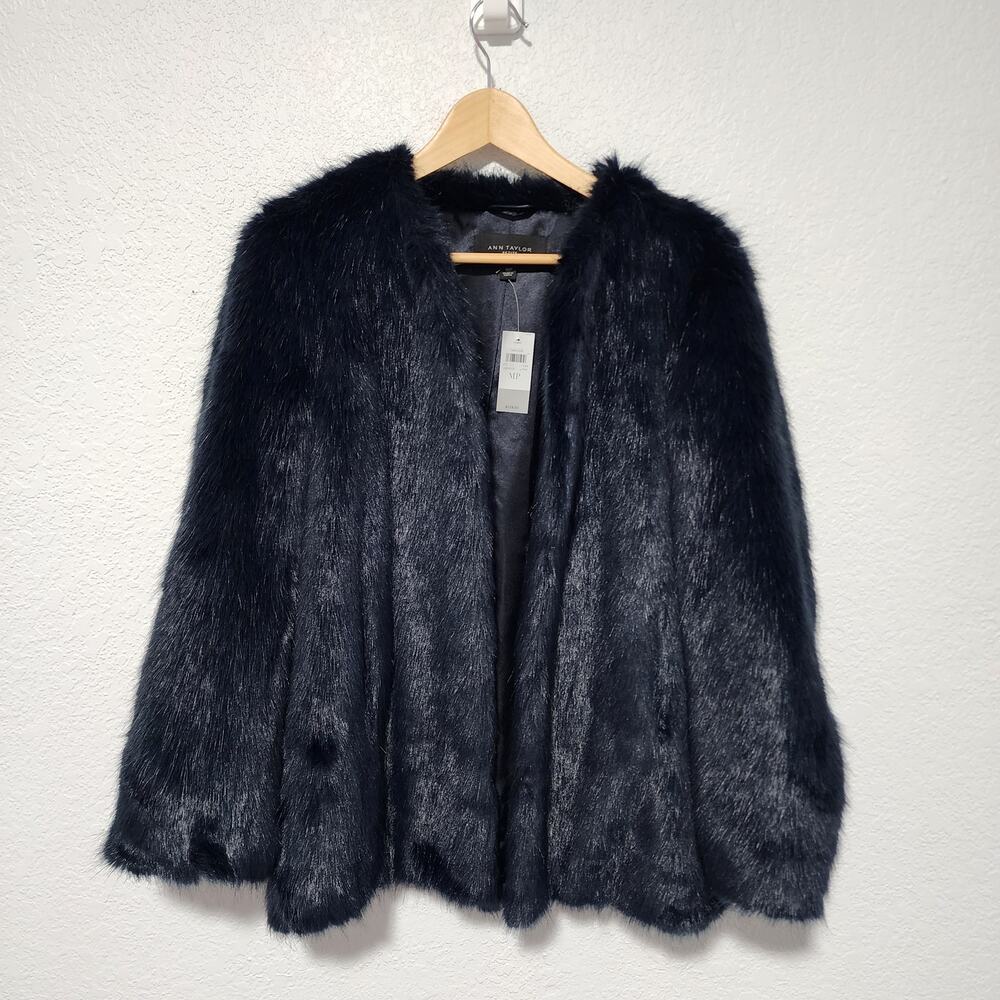 Ann Taylor Navy Blue Faux Fur Coat Jacket Open Front Medium Petite NWT Festival